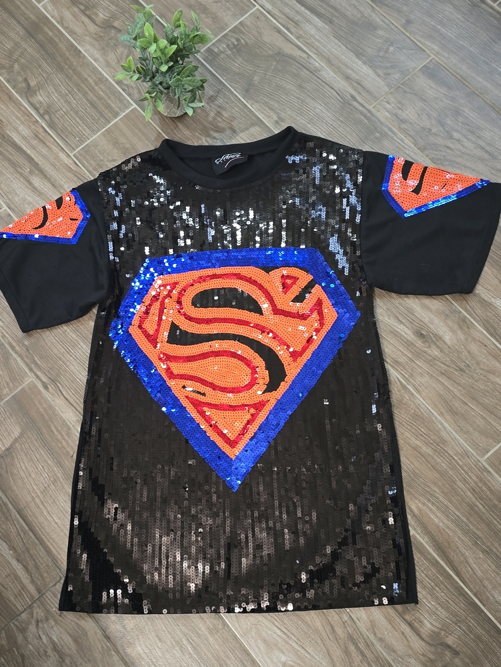 SHUN Black Sequin Superhero Shirt with Orange & Blue Emblem